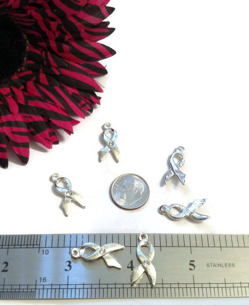 10 Pc Clear Crystal Awareness Ribbon Pendant Charms - Hope Silver Jewelry Rhinestone Single Crystal Design Cancer Support Cure Bling Jewelry