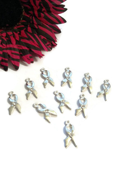 10 Pc Clear Crystal Awareness Ribbon Pendant Charms - Hope Silver Jewelry Rhinestone Single Crystal Design Cancer Support Cure Bling Jewelry