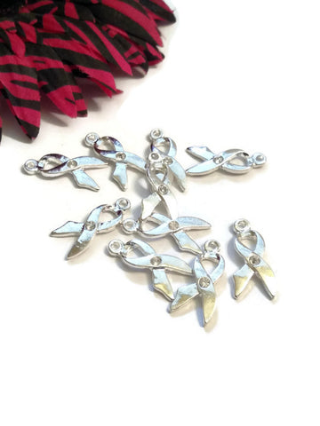 10 Pc Clear Crystal Awareness Ribbon Pendant Charms - Hope Silver Jewelry Rhinestone Single Crystal Design Cancer Support Cure Bling Jewelry