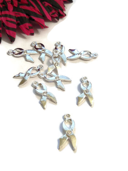 10 Pc Clear Crystal Awareness Ribbon Pendant Charms - Hope Silver Jewelry Rhinestone Single Crystal Design Cancer Support Cure Bling Jewelry