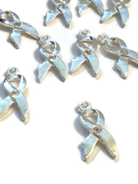 10 Pc Clear Crystal Awareness Ribbon Pendant Charms - Hope Silver Jewelry Rhinestone Single Crystal Design Cancer Support Cure Bling Jewelry