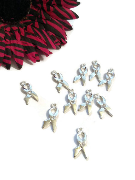 10 Pc Clear Crystal Awareness Ribbon Pendant Charms - Hope Silver Jewelry Rhinestone Single Crystal Design Cancer Support Cure Bling Jewelry