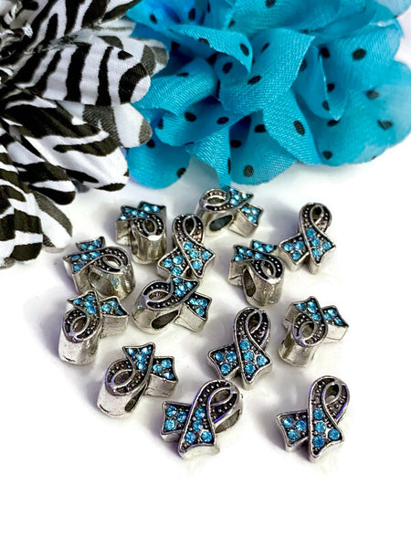 Teal Aqua Rhinestone Awareness Ribbon Slide Bead - Ovarian Cancer PTSD Anti Bullying Anxiety Sexual Assault Obsessive Compulsive Substance Abuse