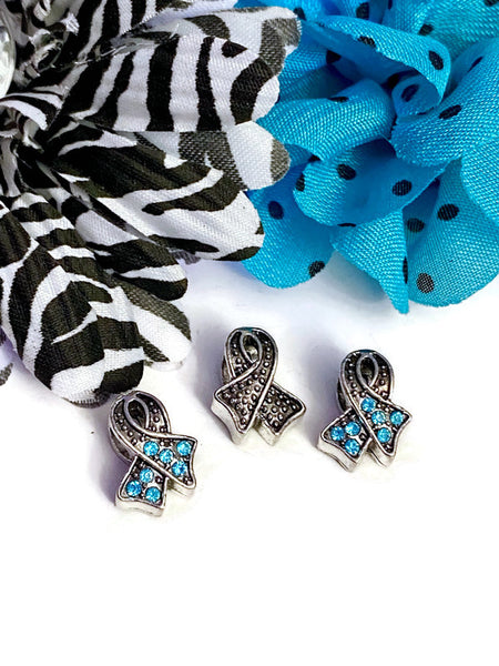 Teal Aqua Rhinestone Awareness Ribbon Slide Bead - Ovarian Cancer PTSD Anti Bullying Anxiety Sexual Assault Obsessive Compulsive Substance Abuse