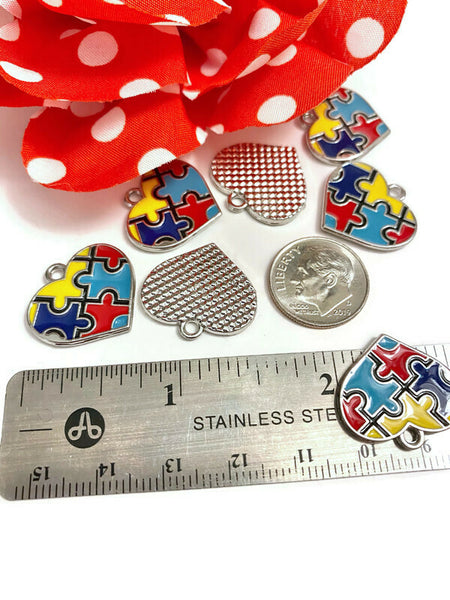 Autism Heart Awareness Enamel Pendant Charms - Puzzle Inspirational Autistic Asperger’s Hope Cure Spectrum Disorders Support