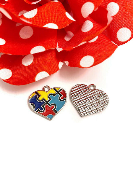 Autism Heart Awareness Enamel Pendant Charms - Puzzle Inspirational Autistic Asperger’s Hope Cure Spectrum Disorders Support