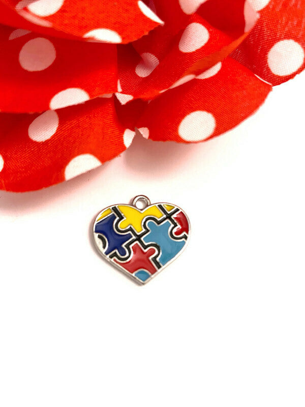 Autism Heart Awareness Enamel Pendant Charms - Puzzle Inspirational Autistic Asperger’s Hope Cure Spectrum Disorders Support