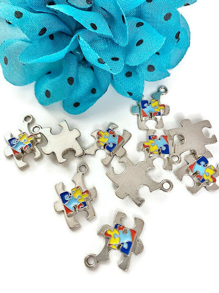 Autism Charm - Handmade Puzzle Piece Design Asperger's Syndrome Spectrum Disorder Autism Jewelry Antique Silver Color Awareness Charms