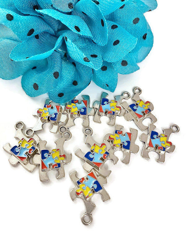 Autism Charm - Handmade Puzzle Piece Design Asperger's Syndrome Spectrum Disorder Autism Jewelry Antique Silver Color Awareness Charms