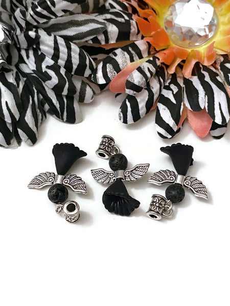 5 Pc Black Lava Stone Bead Angel Awareness Charms - Cancer Support Melanoma POW's Narcolepsy Sleep Disorders Hope Cure Survivor Angel Faith