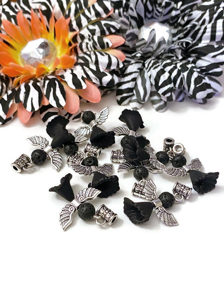 5 Pc Black Lava Stone Bead Angel Awareness Charms - Cancer Support Melanoma POW's Narcolepsy Sleep Disorders Hope Cure Survivor Angel Faith