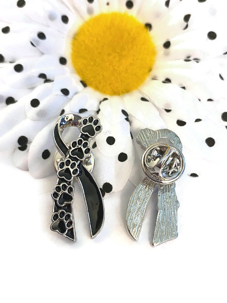 1 Pc Black Ribbon Paw Print Awareness Lapel Pin - Animal Disease Cancer Illness Support Hope Cure Fur-Babies Melanoma Skin Cancers Survivor