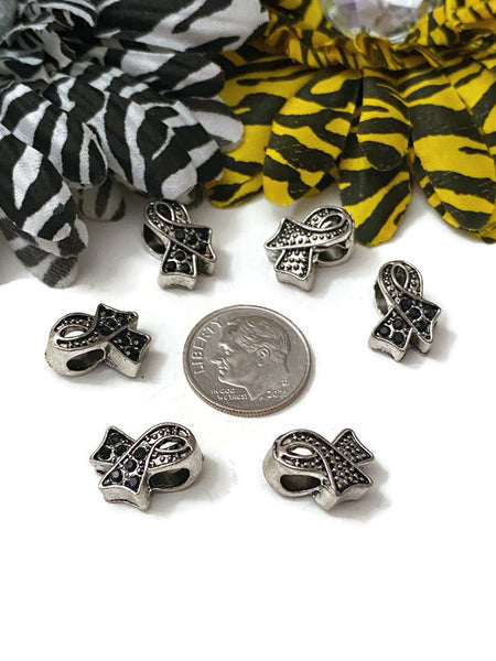 Black Rhinestone Bling Awareness Ribbon Slide Bead Charms - Melanoma POW's Sleep Disorders Narcolepsy Hope Cancer Jewelry Support Cure