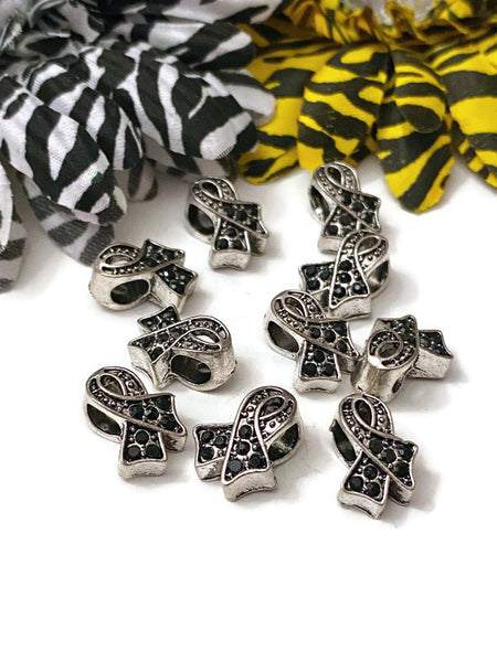 Black Rhinestone Bling Awareness Ribbon Slide Bead Charms - Melanoma POW's Sleep Disorders Narcolepsy Hope Cancer Jewelry Support Cure