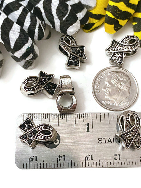 Black Rhinestone Bling Awareness Ribbon Slide Bead Charms - Melanoma POW's Sleep Disorders Narcolepsy Hope Cancer Jewelry Support Cure