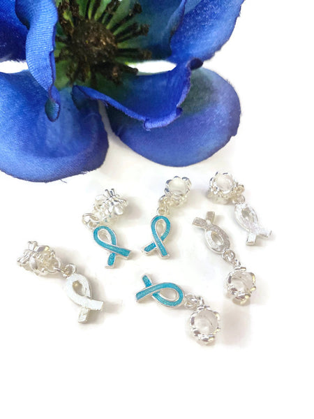 Blue Awareness Small Ribbon Dangle Charms 5 Pc - Anxiety Thyroid Disease Anti-Bullying Alopecia Colon Cancer Crohn's Prostate Men's Health