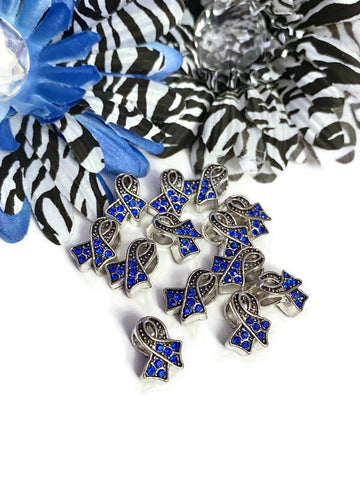 Blue Rhinestone Awareness Ribbon Slide Bead - Alopecia Colon Cancer Crohn's Disease Arthritis Colorectal Cancer Hope Survivor Support Beads