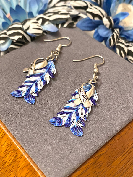 Blue & White Hope Feather Awareness Drop Earrings - Hope Cancer Cure Support Inspirational Gifts Jewelry Awareness Bling Survivor Believe