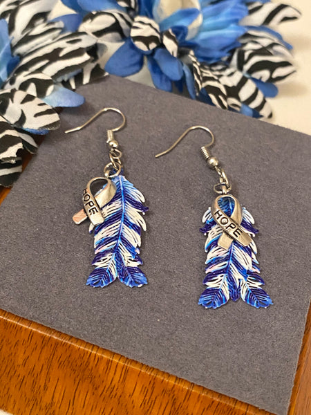 Blue & White Hope Feather Awareness Drop Earrings - Hope Cancer Cure Support Inspirational Gifts Jewelry Awareness Bling Survivor Believe