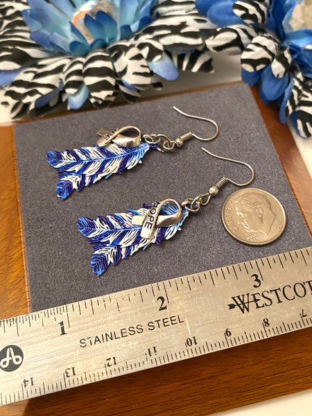 Blue & White Hope Feather Awareness Drop Earrings - Hope Cancer Cure Support Inspirational Gifts Jewelry Awareness Bling Survivor Believe