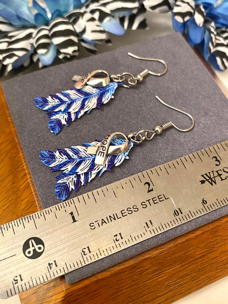 Blue & White Hope Feather Awareness Drop Earrings - Hope Cancer Cure Support Inspirational Gifts Jewelry Awareness Bling Survivor Believe