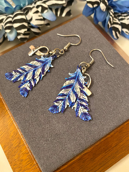 Blue & White Hope Feather Awareness Drop Earrings - Hope Cancer Cure Support Inspirational Gifts Jewelry Awareness Bling Survivor Believe