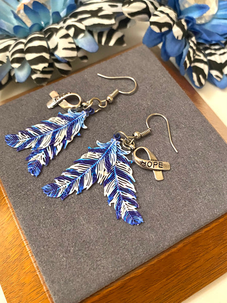 Blue & White Hope Feather Awareness Drop Earrings - Hope Cancer Cure Support Inspirational Gifts Jewelry Awareness Bling Survivor Believe