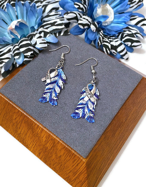 Blue & White Hope Feather Awareness Drop Earrings - Hope Cancer Cure Support Inspirational Gifts Jewelry Awareness Bling Survivor Believe