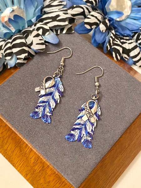 Blue & White Hope Feather Awareness Drop Earrings - Hope Cancer Cure Support Inspirational Gifts Jewelry Awareness Bling Survivor Believe