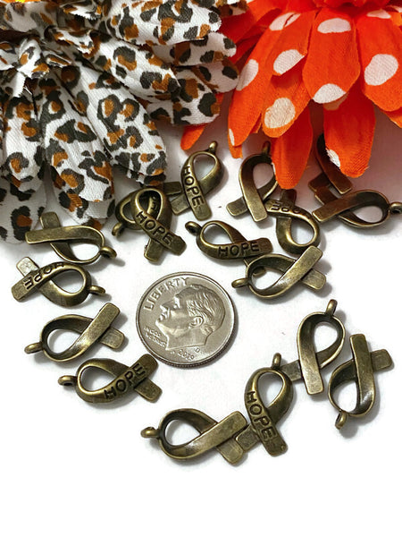 Antique Bronze Tone Hope Awareness Ribbon Charm - Awareness Cancer All-Causes Bronze Support Hope Faith Cure Survivor Small Ribbon Charms