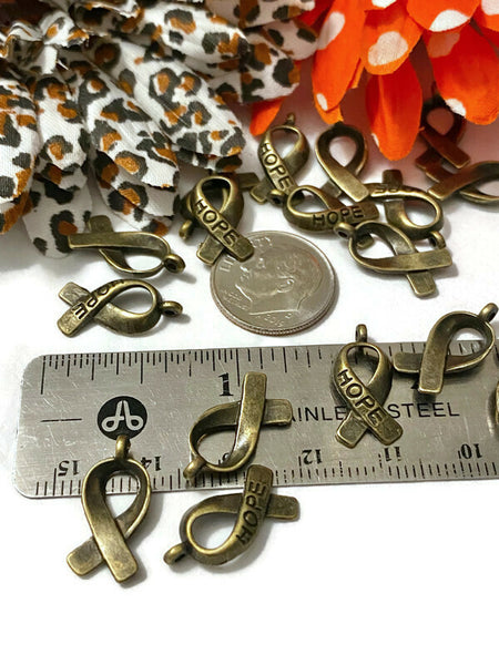 Antique Bronze Tone Hope Awareness Ribbon Charm - Awareness Cancer All-Causes Bronze Support Hope Faith Cure Survivor Small Ribbon Charms