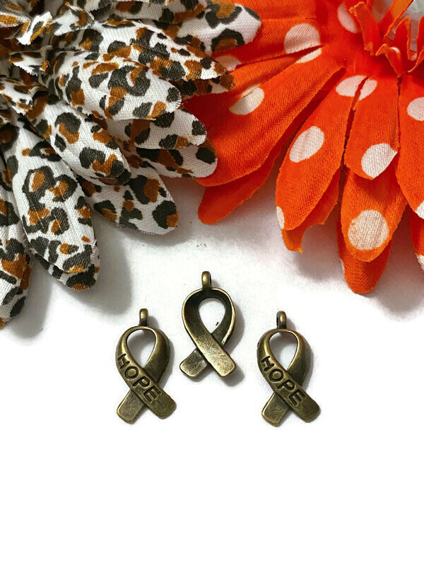 Antique Bronze Tone Hope Awareness Ribbon Charm - Awareness Cancer All-Causes Bronze Support Hope Faith Cure Survivor Small Ribbon Charms