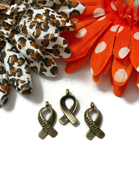 Antique Bronze Tone Hope Awareness Ribbon Charm - Awareness Cancer All-Causes Bronze Support Hope Faith Cure Survivor Small Ribbon Charms