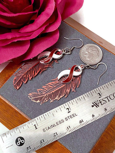 1 Pair Burgundy & White Feather Awareness Earrings - Head Neck and Throat Cancers Hope Cure Support Survivor Fight Awareness Jewelry Gifts