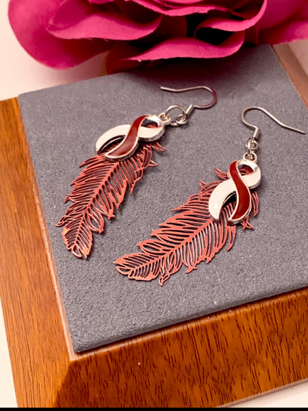 1 Pair Burgundy & White Feather Awareness Earrings - Head Neck and Throat Cancers Hope Cure Support Survivor Fight Awareness Jewelry Gifts