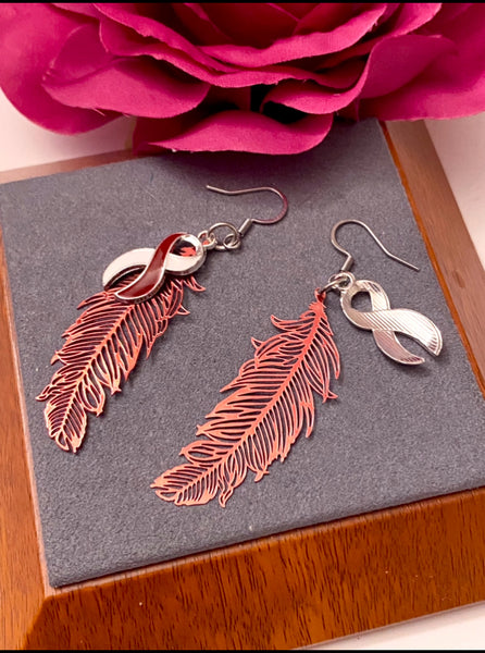 1 Pair Burgundy & White Feather Awareness Earrings - Head Neck and Throat Cancers Hope Cure Support Survivor Fight Awareness Jewelry Gifts