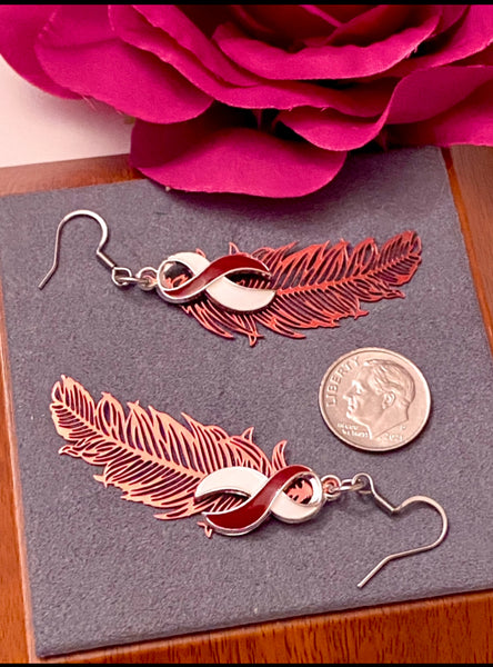 1 Pair Burgundy & White Feather Awareness Earrings - Head Neck and Throat Cancers Hope Cure Support Survivor Fight Awareness Jewelry Gifts