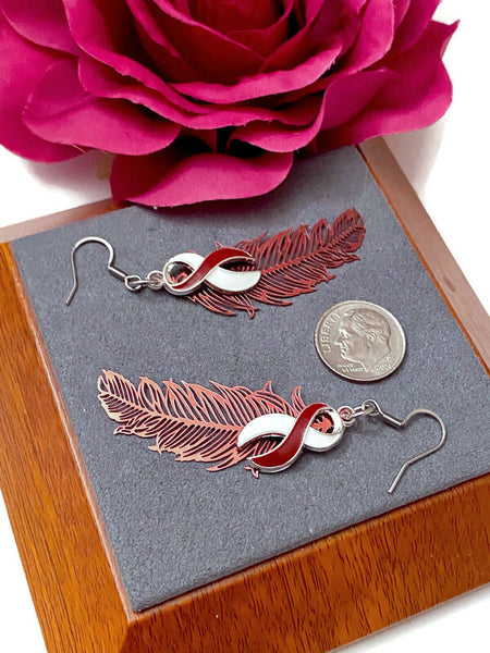 1 Pair Burgundy & White Feather Awareness Earrings - Head Neck and Throat Cancers Hope Cure Support Survivor Fight Awareness Jewelry Gifts