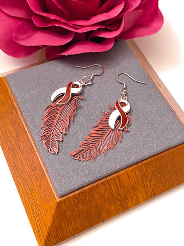 1 Pair Burgundy & White Feather Awareness Earrings - Head Neck and Throat Cancers Hope Cure Support Survivor Fight Awareness Jewelry Gifts