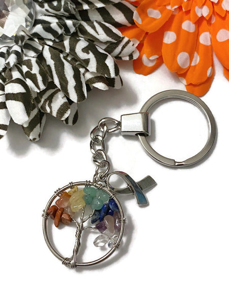 1 Pc Awareness Ribbon Chakra Keychain - Awareness Support Ribbon Natural Stone Pendant Chakra Multi-Colored Fashion Keychain Gifts