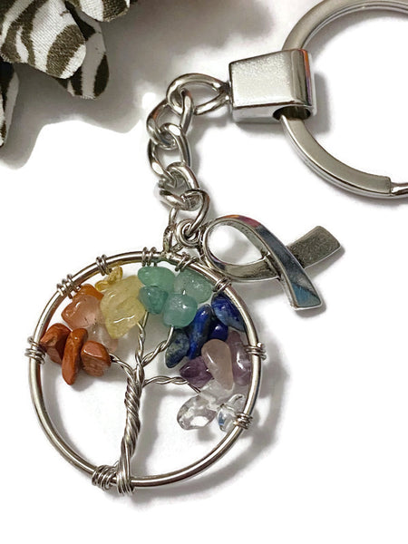 1 Pc Awareness Ribbon Chakra Keychain - Awareness Support Ribbon Natural Stone Pendant Chakra Multi-Colored Fashion Keychain Gifts