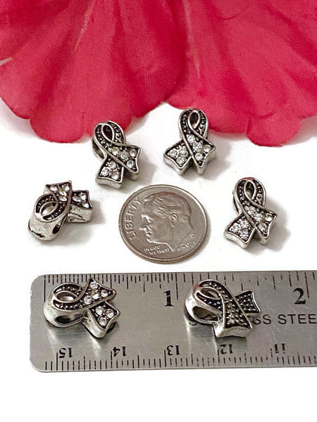 Clear White Rhinestone Bling Awareness Ribbon Slide Beads -  Hope Cancer Cure Support Awareness Illness Recovery Survivor DIY Charms Jewelry