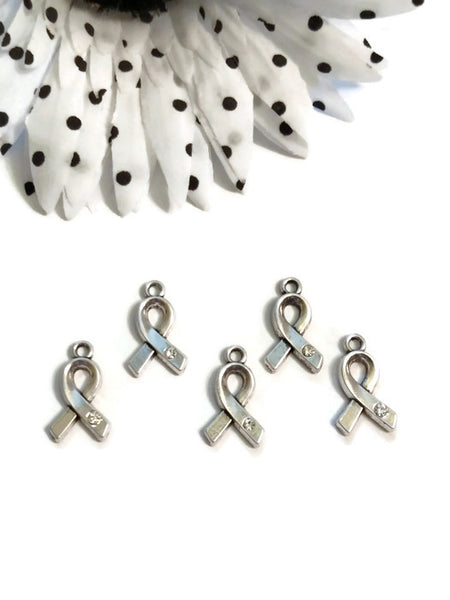 5 Pc Clear Crystal Awareness Ribbon Pendant Charms - Hope Silver Jewelry Rhinestone Single Crystal Design Cancer Support Cure Bling Jewelry