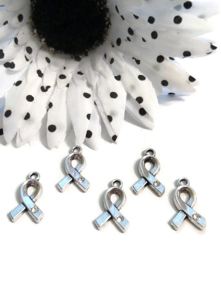 5 Pc Clear Crystal Awareness Ribbon Pendant Charms - Hope Silver Jewelry Rhinestone Single Crystal Design Cancer Support Cure Bling Jewelry