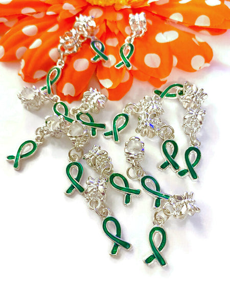 5 Pc Dark Green Awareness Ribbon Dangle Charms - Mental Health Support Bi-Polar Disorder Lyme Kidney Disease Liver Cancer Cerebral Palsy