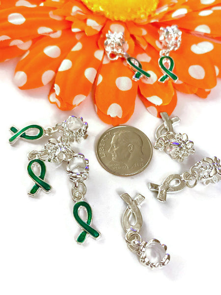 5 Pc Dark Green Awareness Ribbon Dangle Charms - Mental Health Support Bi-Polar Disorder Lyme Kidney Disease Liver Cancer Cerebral Palsy