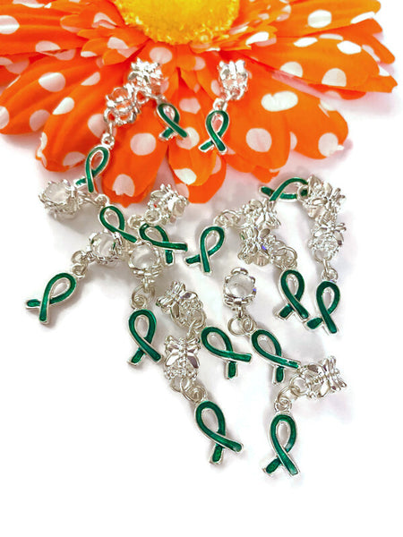 5 Pc Dark Green Awareness Ribbon Dangle Charms - Mental Health Support Bi-Polar Disorder Lyme Kidney Disease Liver Cancer Cerebral Palsy