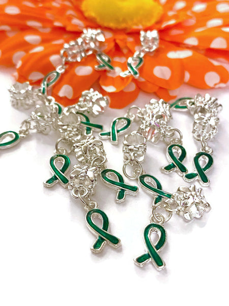 5 Pc Dark Green Awareness Ribbon Dangle Charms - Mental Health Support Bi-Polar Disorder Lyme Kidney Disease Liver Cancer Cerebral Palsy