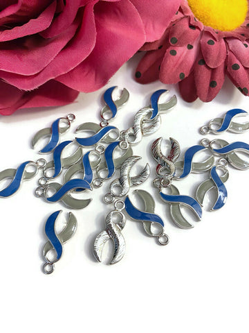 Grey & Blue Awareness Support Ribbon Charms - Diabetes Awareness Support Advocacy Hope Cure Fight Type 1 Type 2 Support DIY Jewelry Crafts