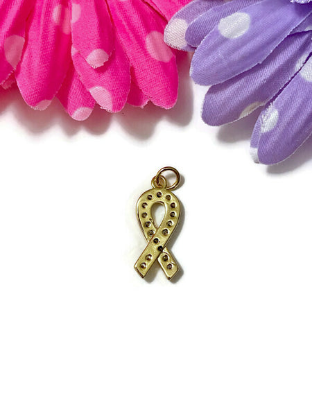 5 Pc Gold Tone & Rhinestone Bling Awareness Ribbon Charms - Cancer Support Cure Survivor Bling Pendant Hope Jewelry Strength DIY Crafting